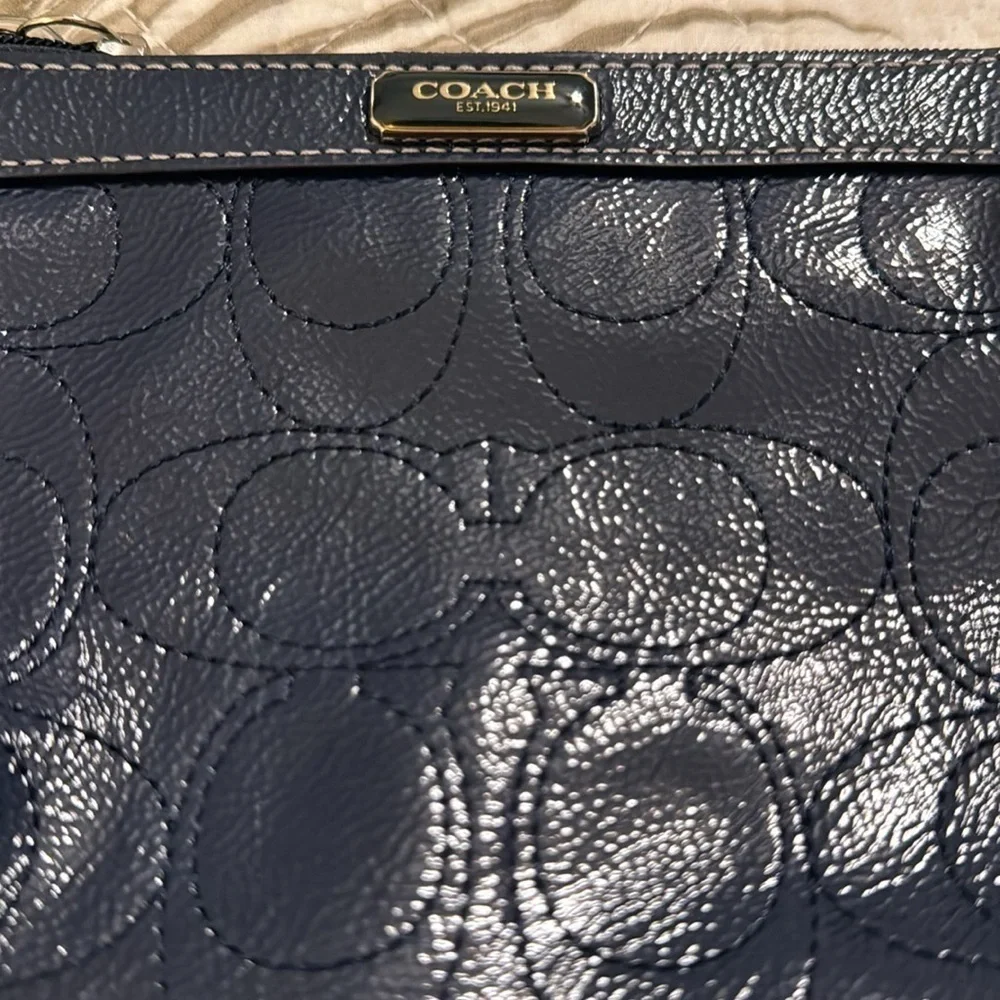 COACH Navy Blue Patented Leather Signature Stitch Wristlet
